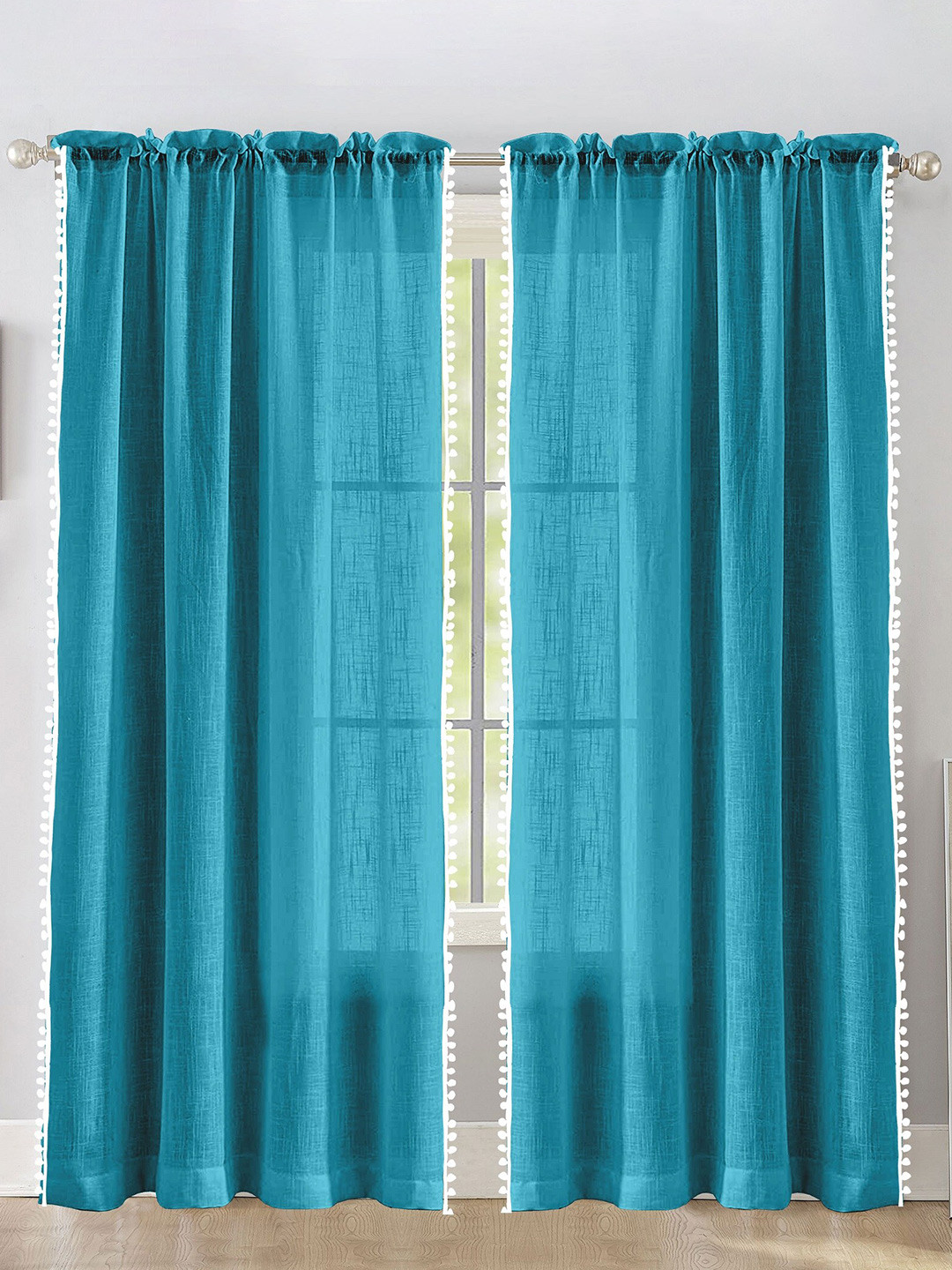 HOMEMONDE Blue 2 Pieces Cotton Pompom Border Sheer Window Curtain