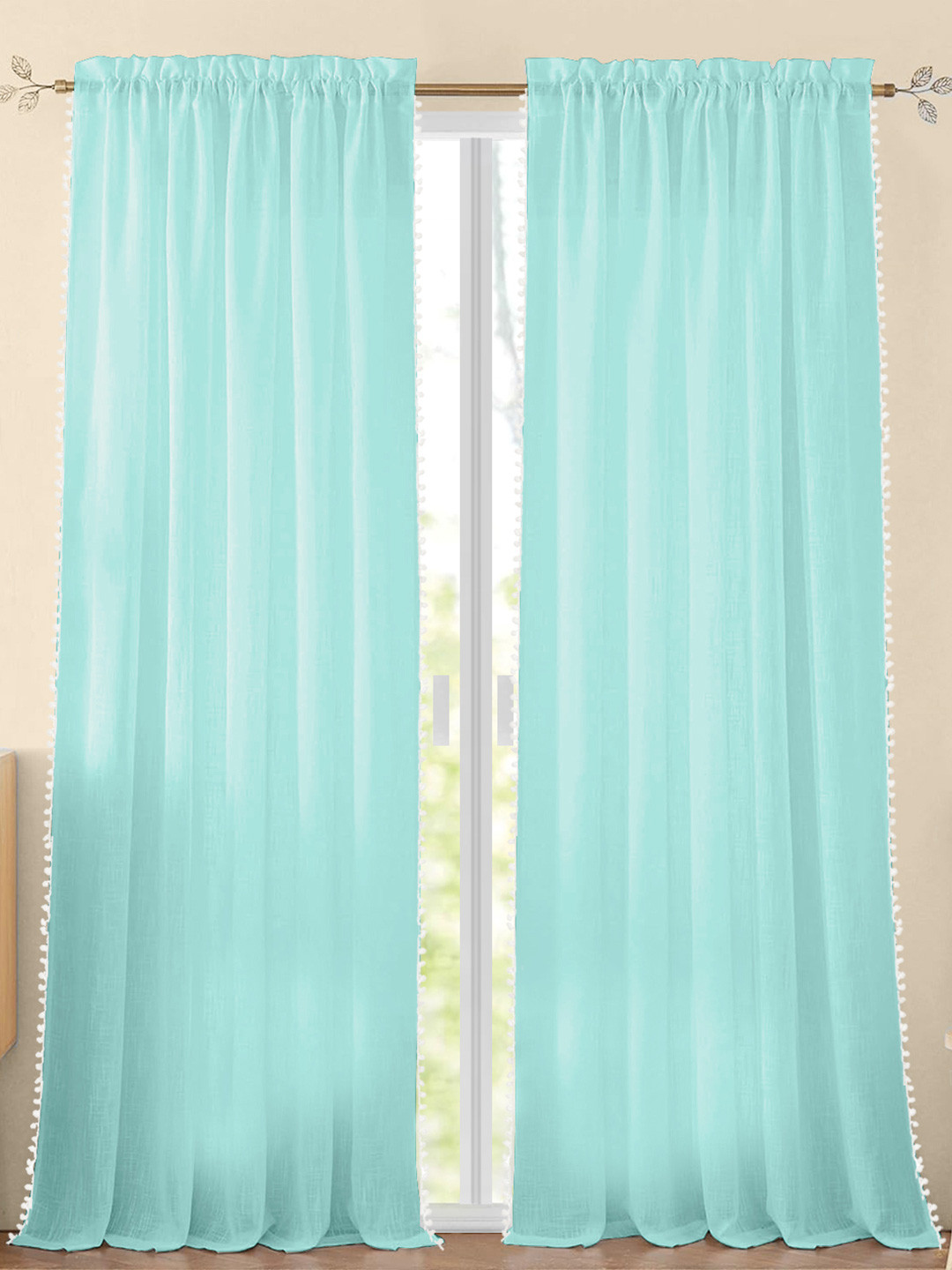HOMEMONDE Teal & White 2-Pieces Sheer Door Curtains