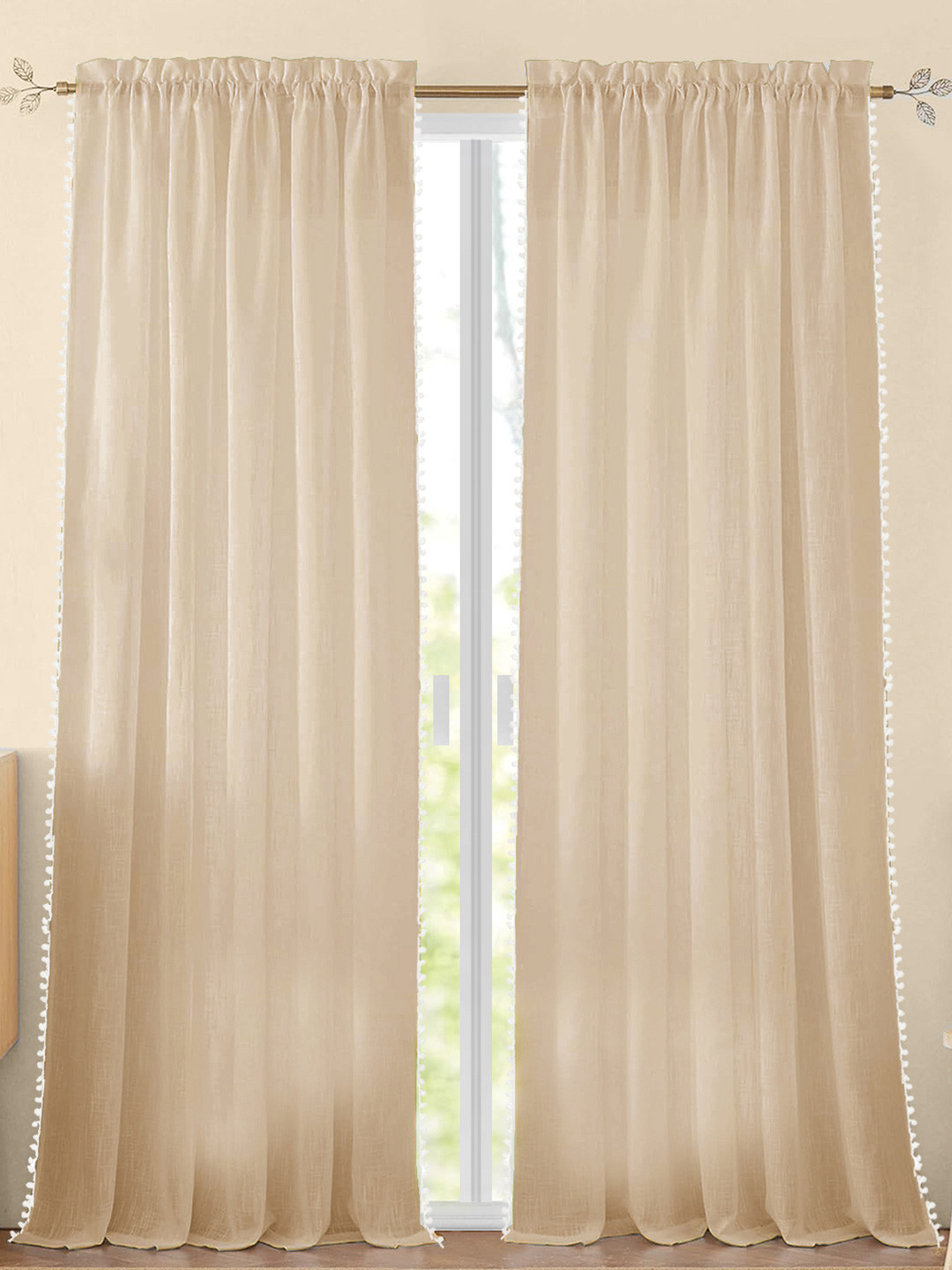 HOMEMONDE Beige & White 2 Pieces Cotton Pompom Border Sheer Long Door Curtains