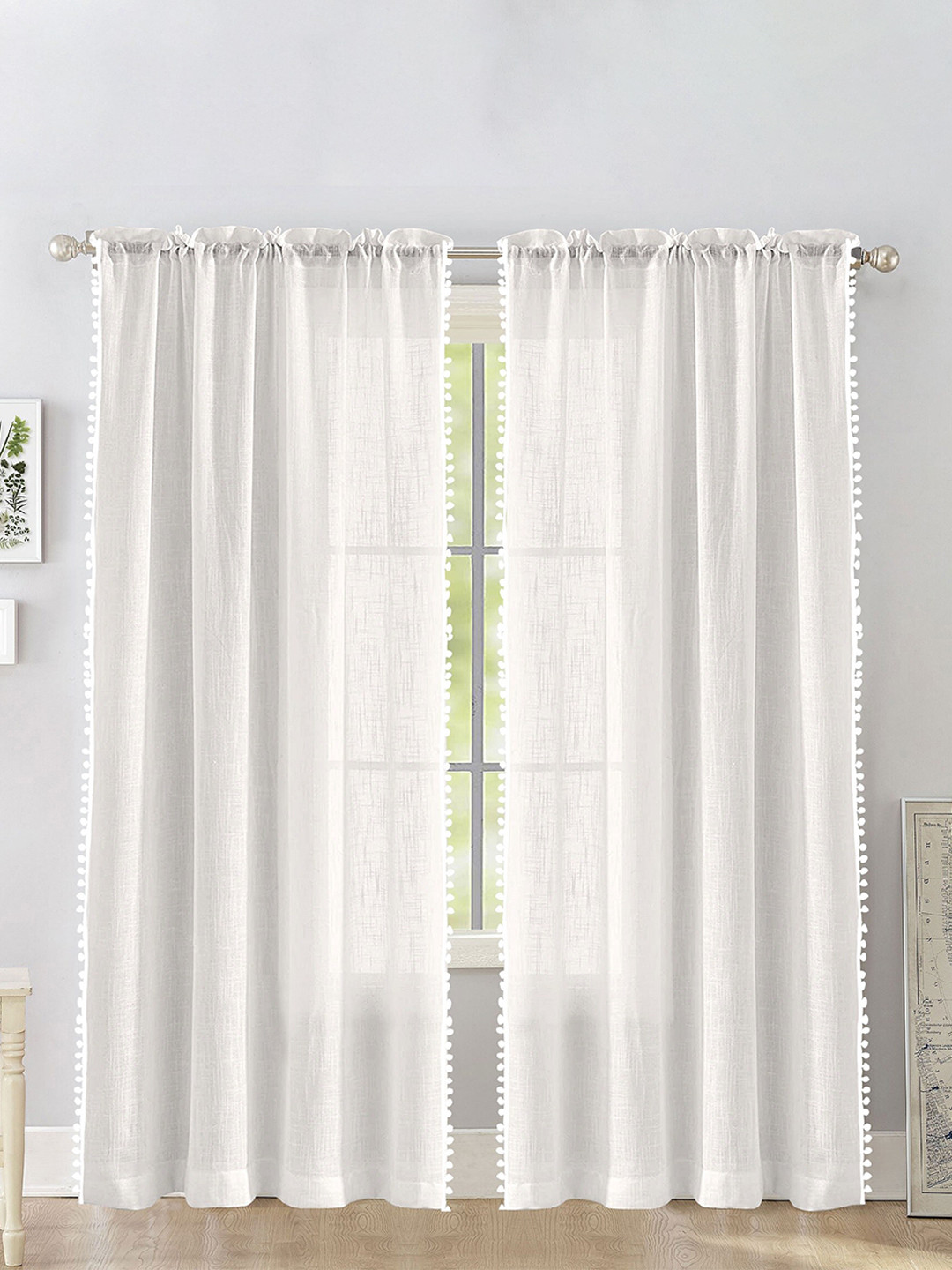 HOMEMONDE 2 Pcs White Sheer Cotton Long Door Curtain