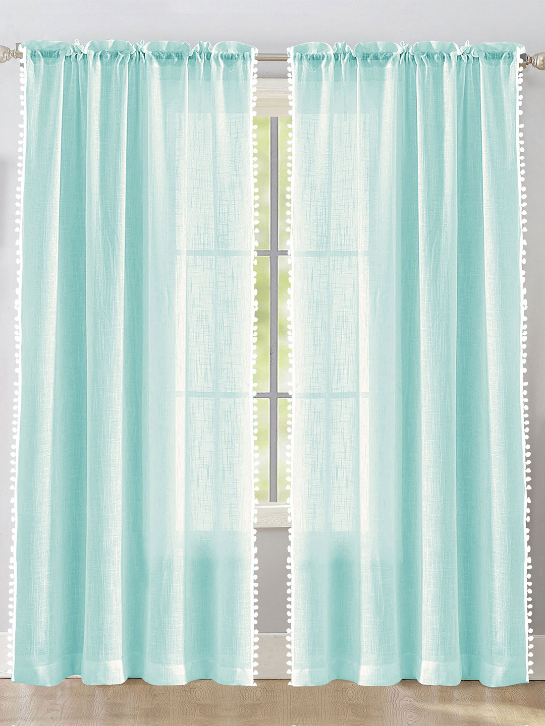 HOMEMONDE Teal & White 2-Pieces Sheer Window Curtains