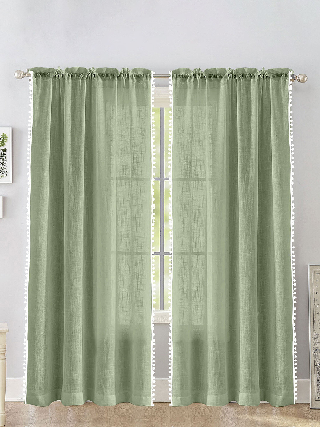 HOMEMONDE 2 Pcs Green & White Sheer Cotton Window Curtain