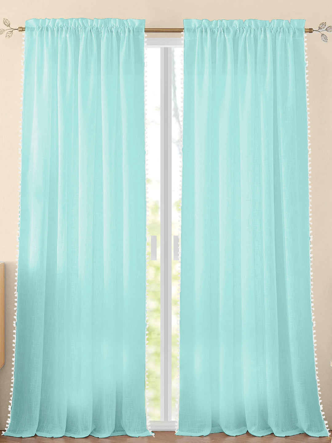 HOMEMONDE Teal & White 2 Pieces Cotton Pompom Border Sheer Long Door Curtains