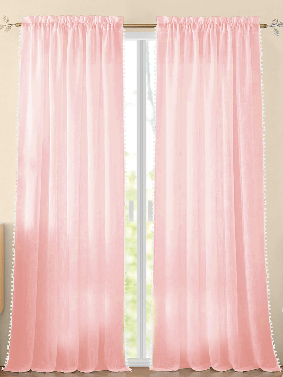 HOMEMONDE Pink & White 2 Pieces Cotton Pompom Border Sheer Long Door Curtains