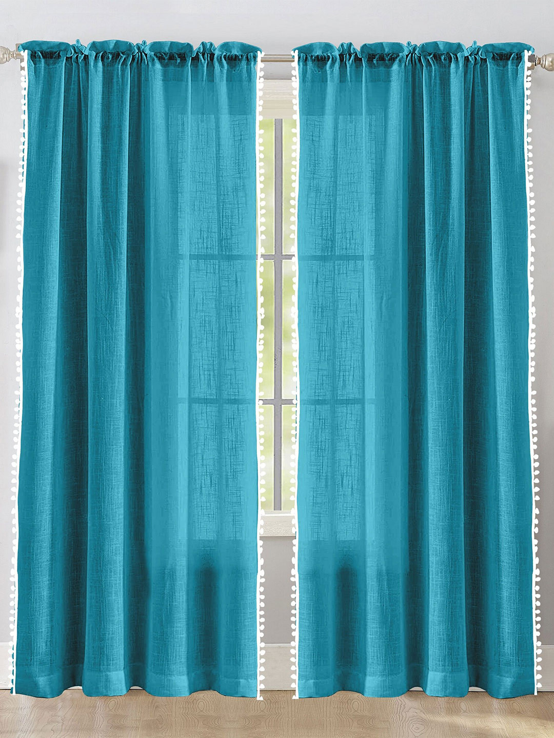 HOMEMONDE Blue & White 2 Pieces Pompom Border Cotton Sheer Door Curtains