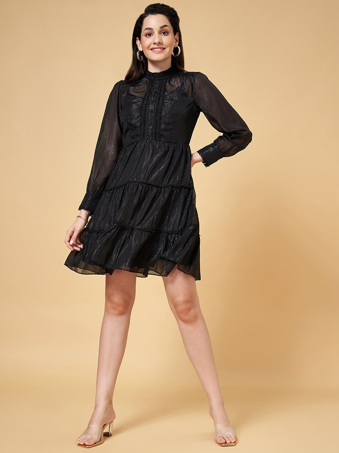 Honey by Pantaloons High Neck Cuffed Sleeve Lace Inserts Tiered Fit & Flare Dress