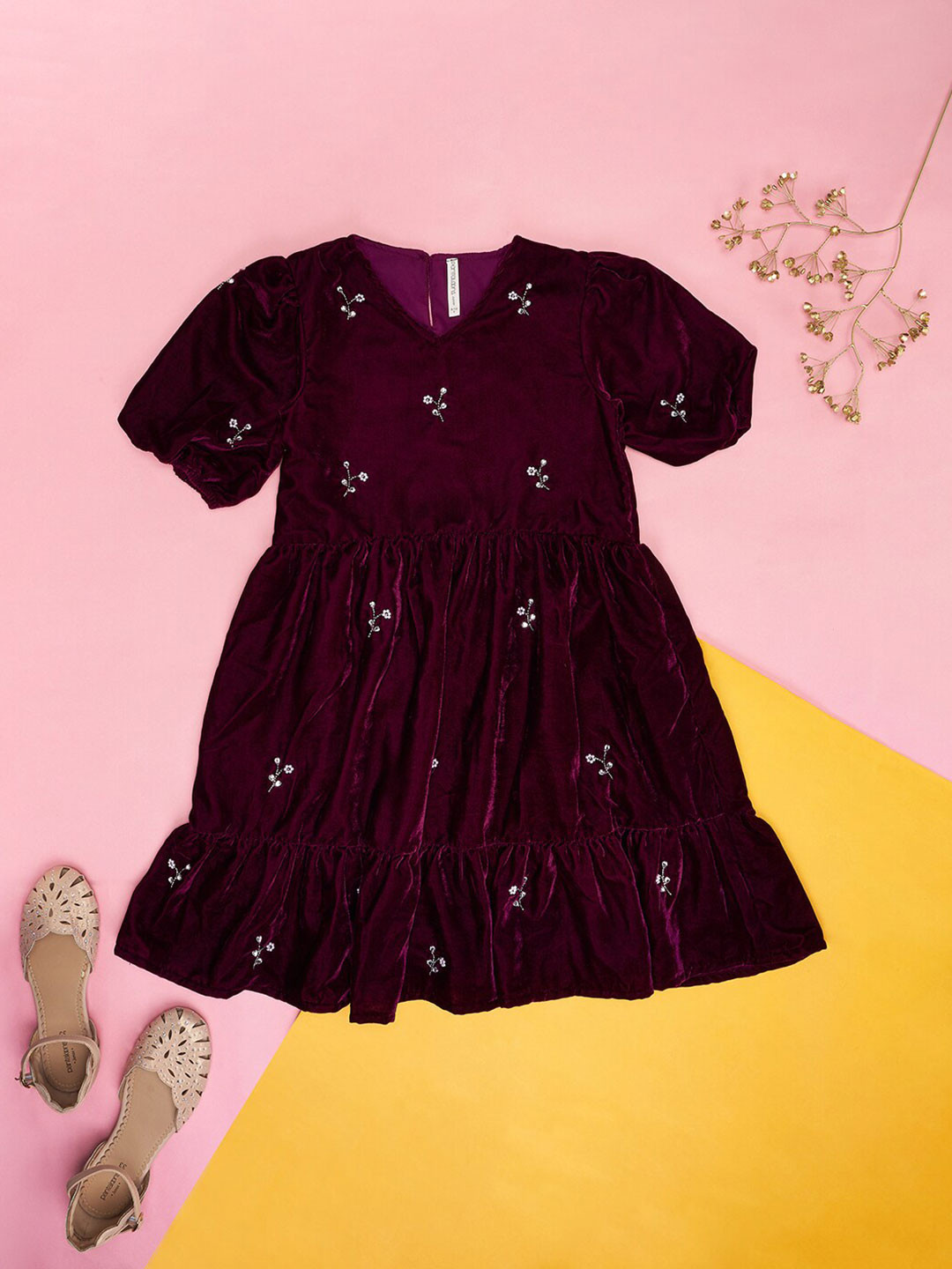 Pantaloons Junior Red Embellished Puff Sleeve Fit & Flare Dress