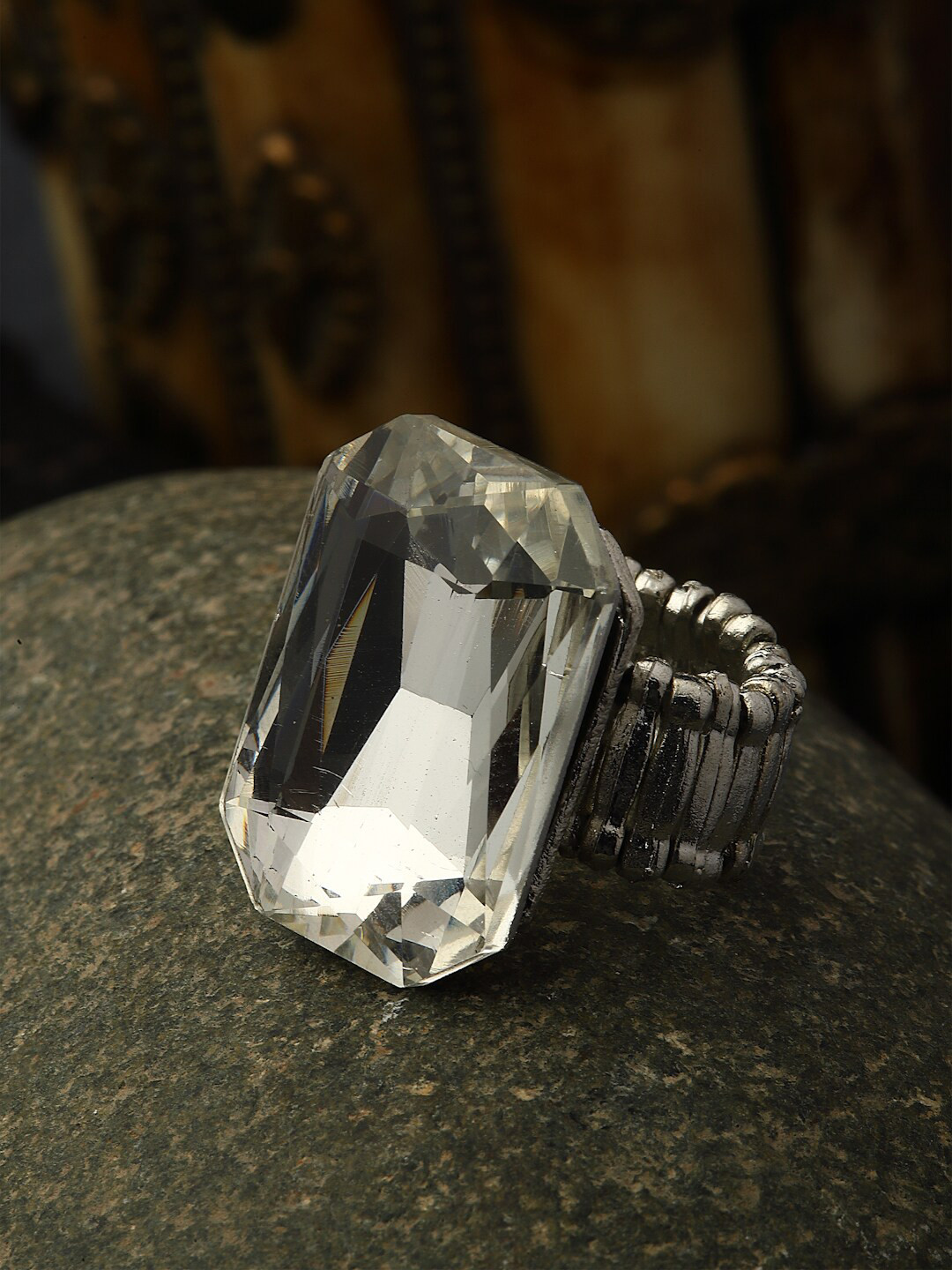 PANASH Silver-Plated CZ-Studded Rectangle-Shaped Adjustable Finger Ring