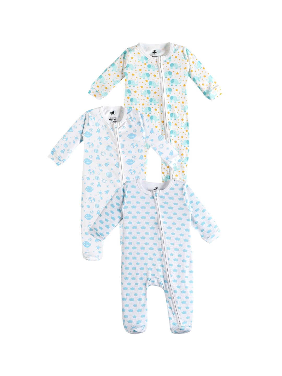 The Mom Store Infant Baby Pack of 3 Printed Zipper Cotton Sleepsuits