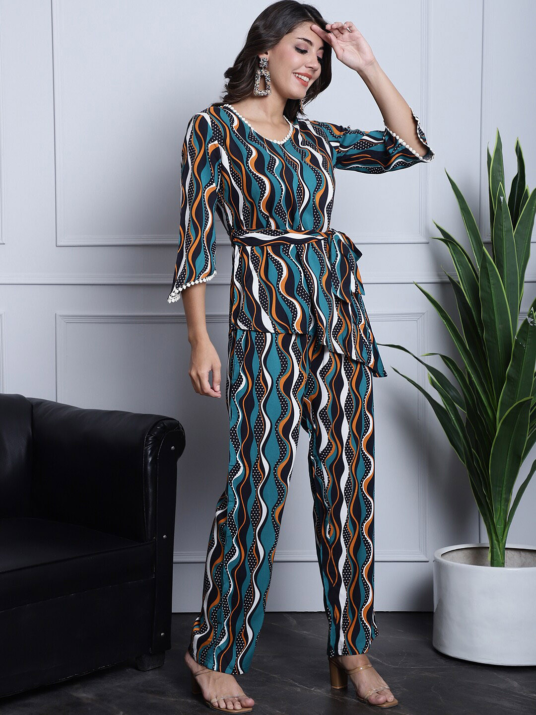 Claura Green Geometric Printed Tunic With Trouser Co-Ords