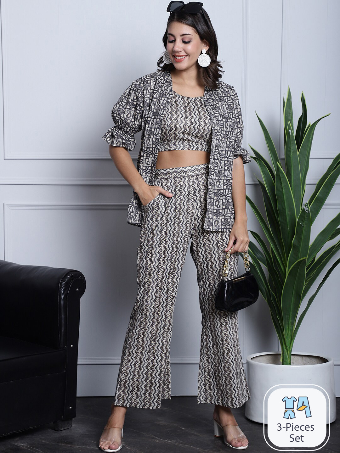 Claura Coffee Brown Printed Pure Cotton Top With Trouser & Jacket Co-Ords