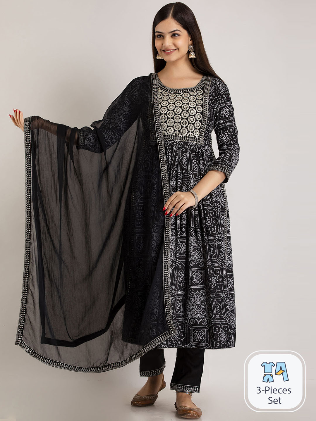 Mizaz Floral Printed Empire Thread Work Kurta With Trousers & Dupatta
