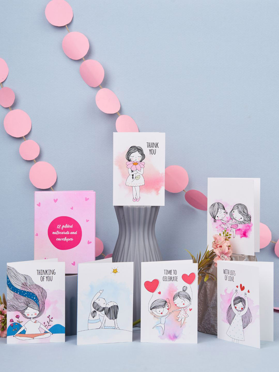 Doodle Set Of 12 White & Pink Blank Notecards with Coloured Envelopes