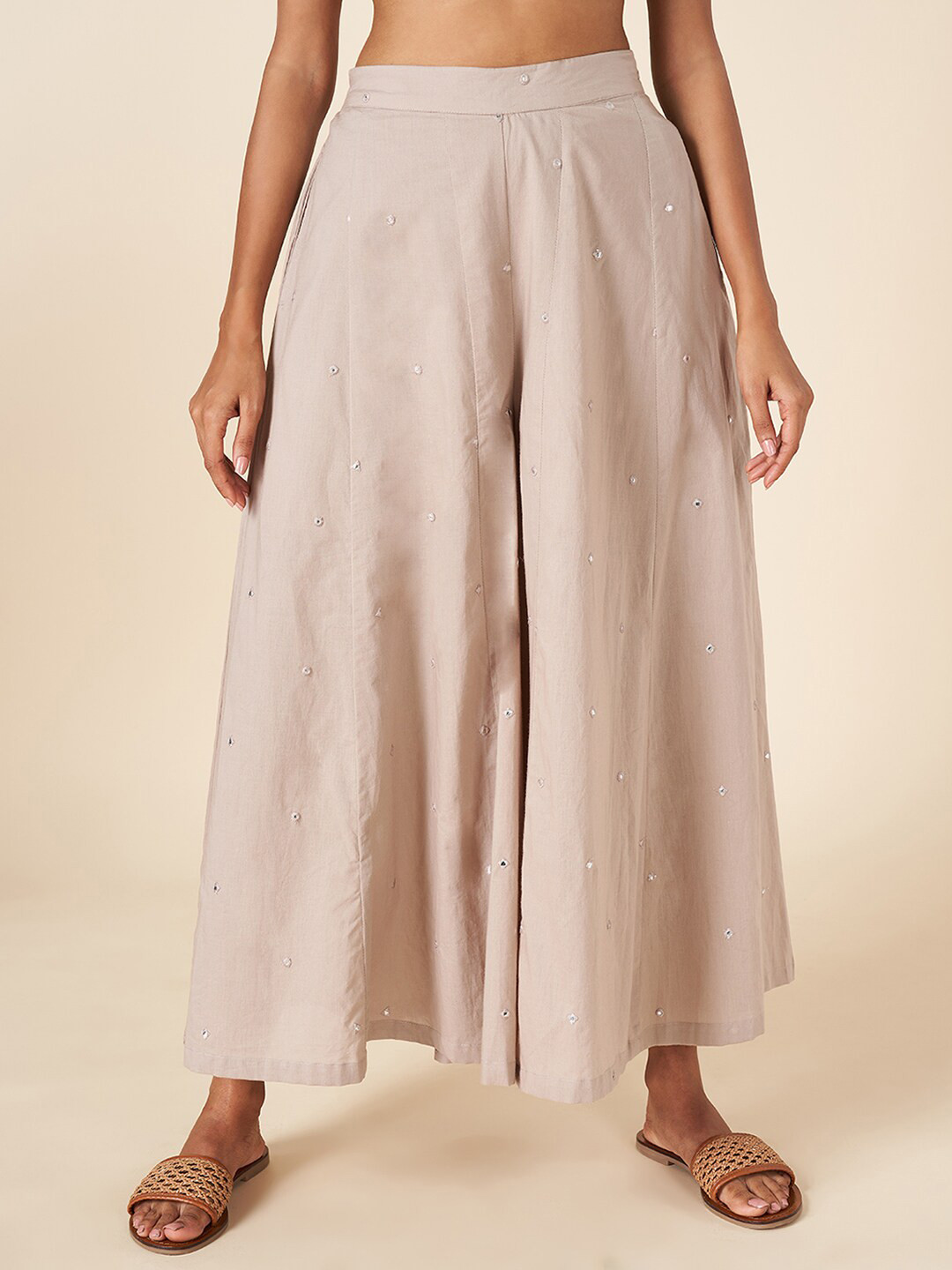 AKKRITI BY PANTALOONS Women Geometric Embroidered Mirror Work Flared Cotton Palazzos