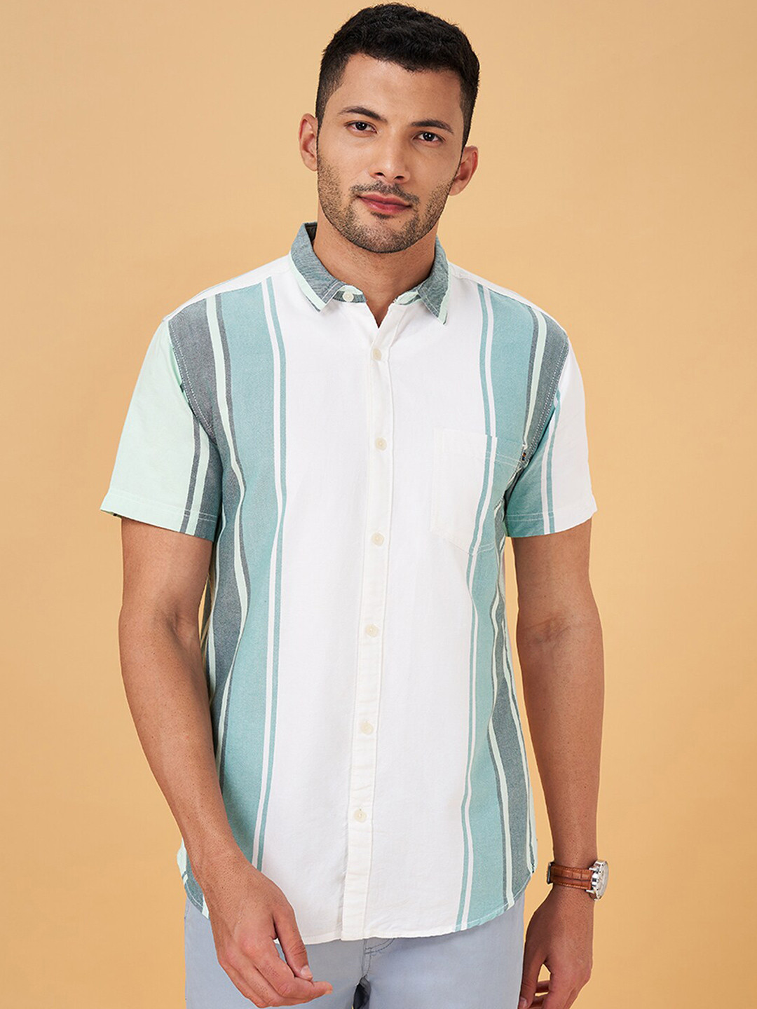 Urban Ranger by pantaloons Spread Collar Striped Cotton Slim Fit Casual Shirt