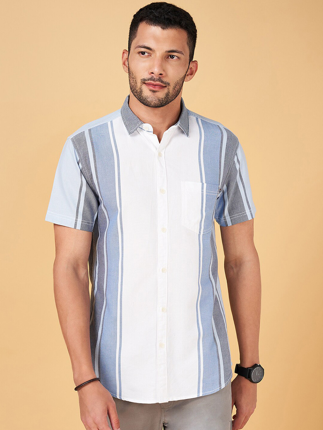 Urban Ranger by pantaloons Spread Collar Striped Cotton Slim Fit Casual Shirt