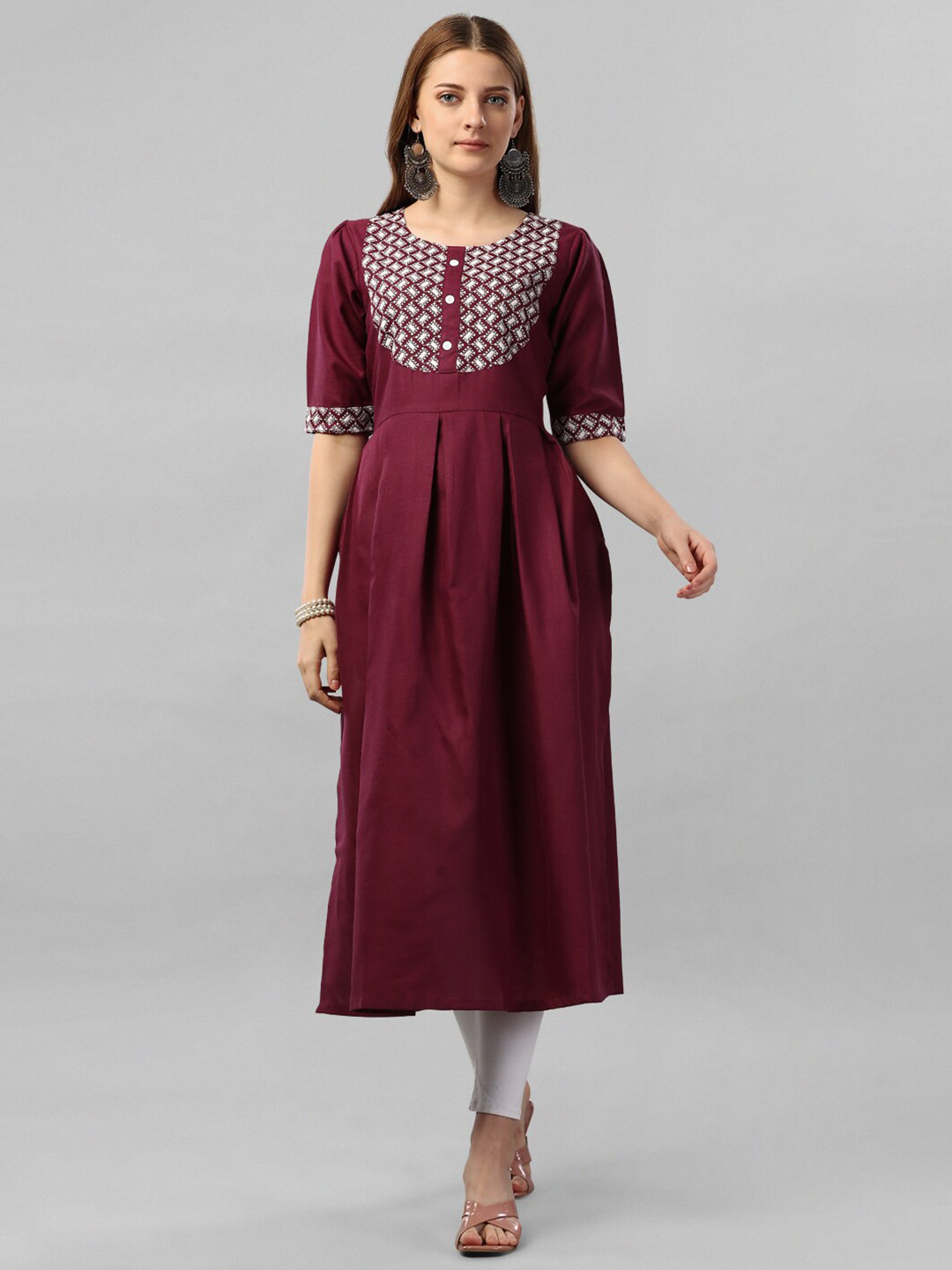 Kinjo Ethnic Motifs Yoke Design Thread Work Pleated Pure Cotton A-Line Kurta