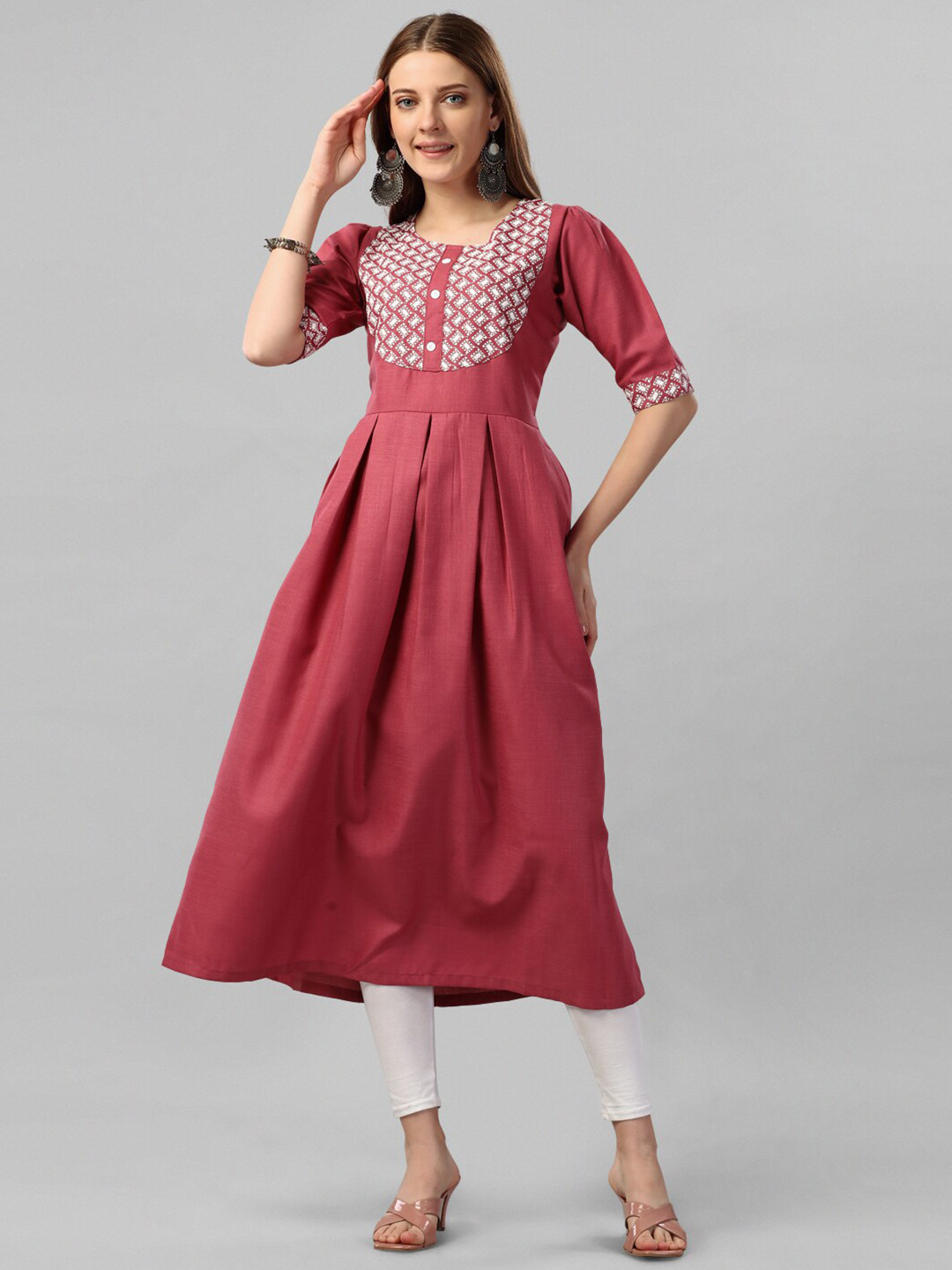 Kinjo Ethnic Motifs Yoke Design Thread Work Pleated Pure Cotton A-Line Kurta