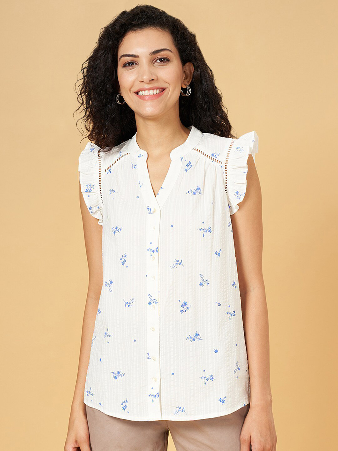 Honey by Pantaloons Floral Print Flutter Sleeve Cotton Shirt Style Top