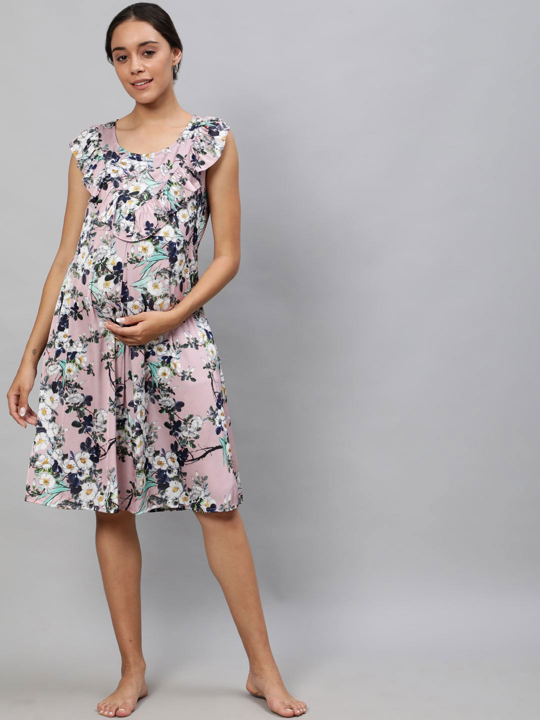 AKS Floral Printed Satin Maternity Night Dress