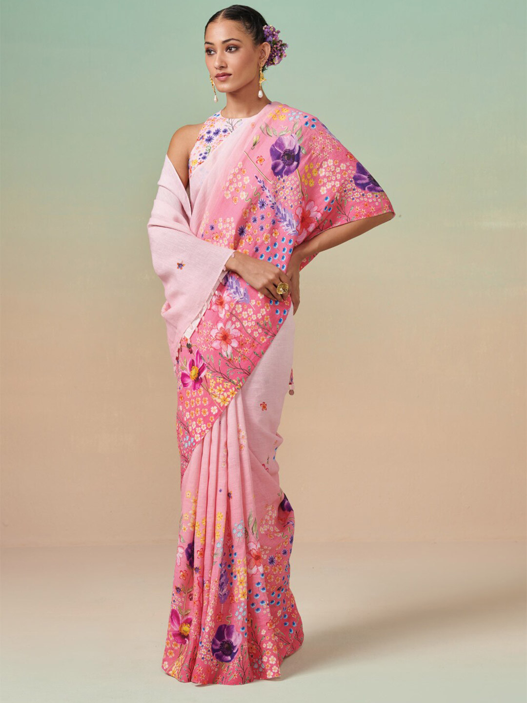 Dressfolk Floral Printed Pure Linen Saree
