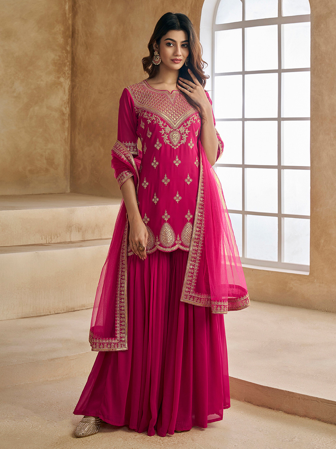Inddus Ethnic Motifs Embroidered Sequinned Scalloped Kurti with Sharara & Dupatta