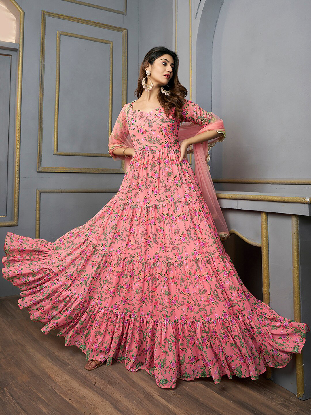 Inddus Floral Printed Sequinned Floral Georgette Anarkali Kurta With Dupatta
