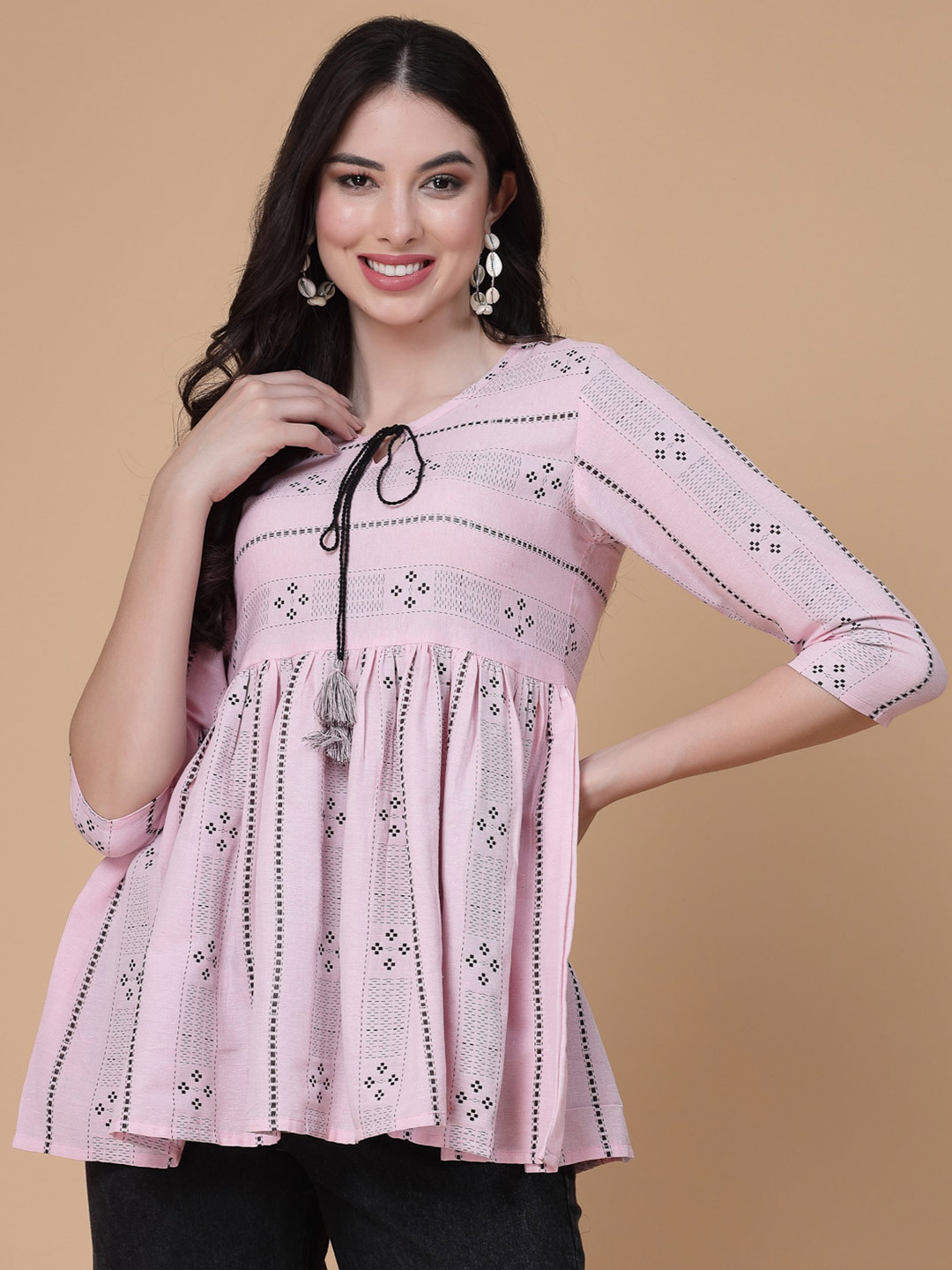 God Bless Printed Tie-Up Neck Cotton Empire Top