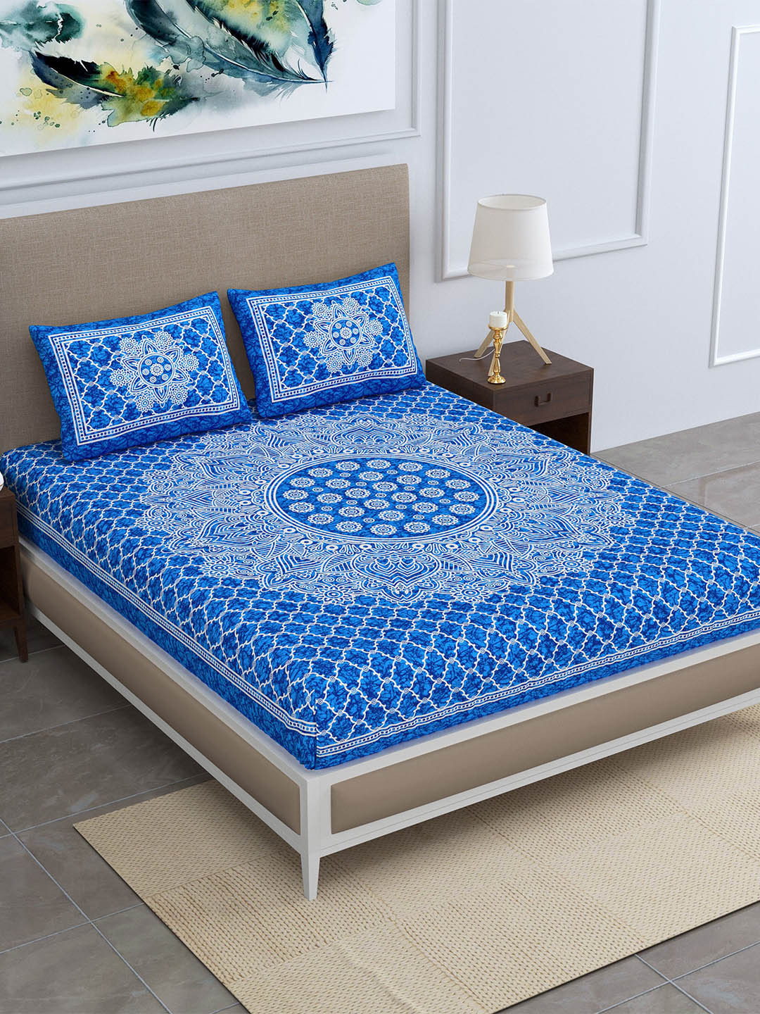 SheetKart Blue & White Ethnic Motifs Polycotton 120 TC Queen Bedsheet With 2 Pillow Covers