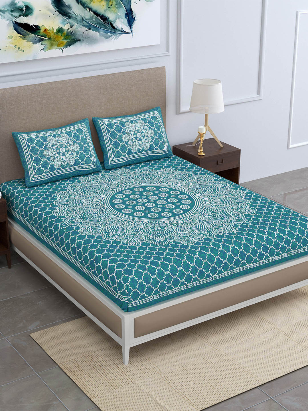 SheetKart Jaipuri Mandala Batik Sea Green Ethnic 120 TC Queen Bedsheet & Pillow Covers