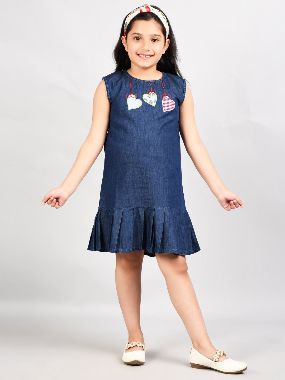 VYN Round Neck Embellished Denim A-Line Dress