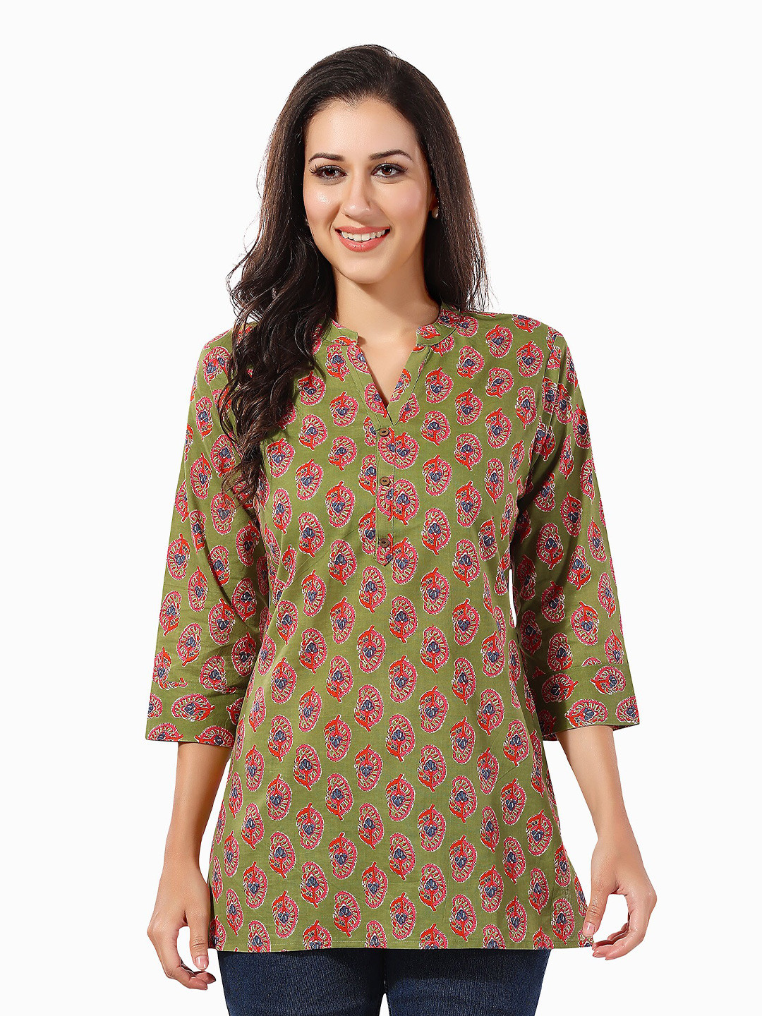 keshubaba Green & Red Mandarin Collar Printed Ethnic Tunic