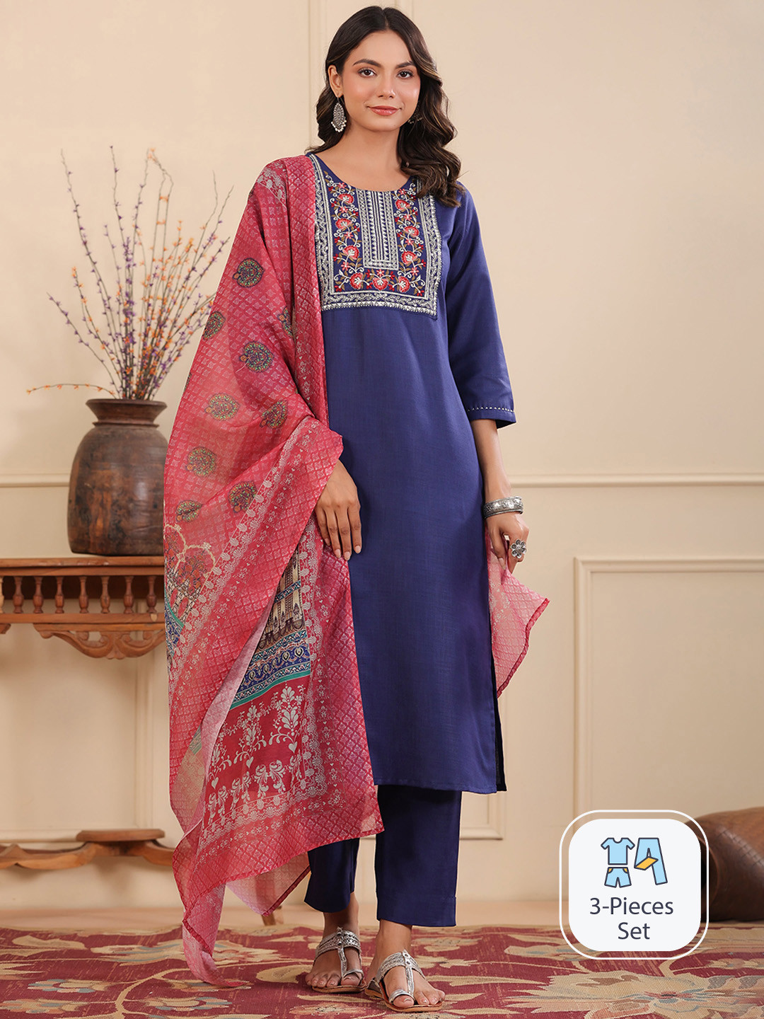 Rain & Rainbow Yoke Design Round Neck Thread Work Kurta Set With Dupatta