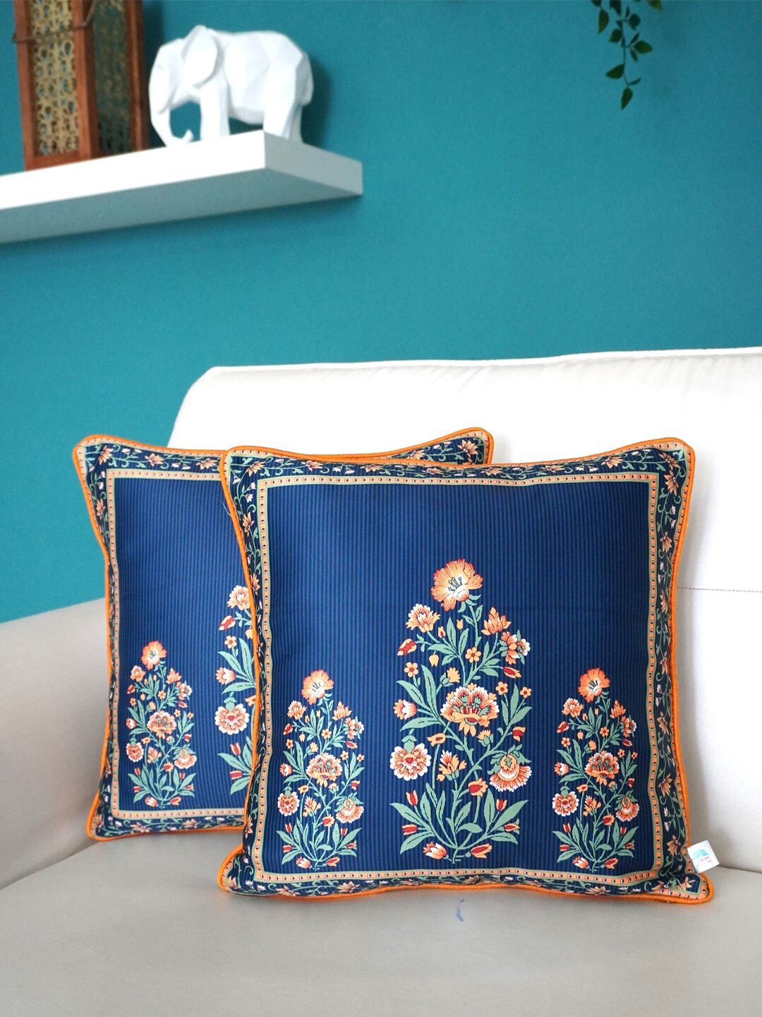TARA- Sparkling Homes Blue 2-Pieces Floral Square Cushion Covers
