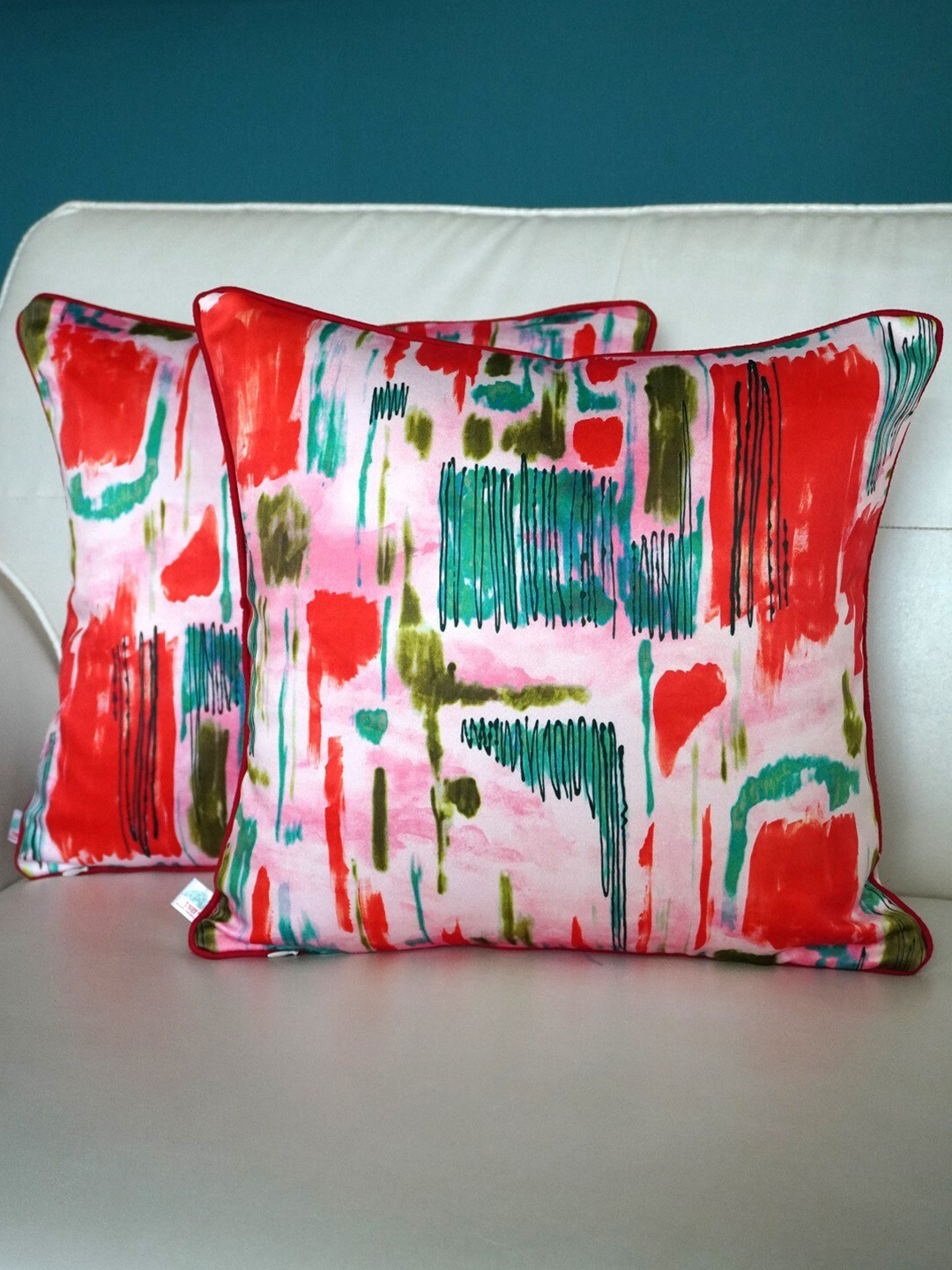 TARA- Sparkling Homes Pink Floral Polycotton Durable 2 Pcs Square Cushion Covers -16x16In