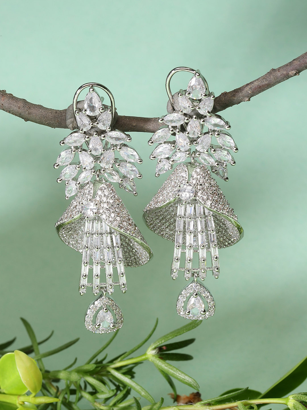 ZENEME Rhodium Plated Silver Toned Dual Drop Layered AD Studed Dangler Earrings