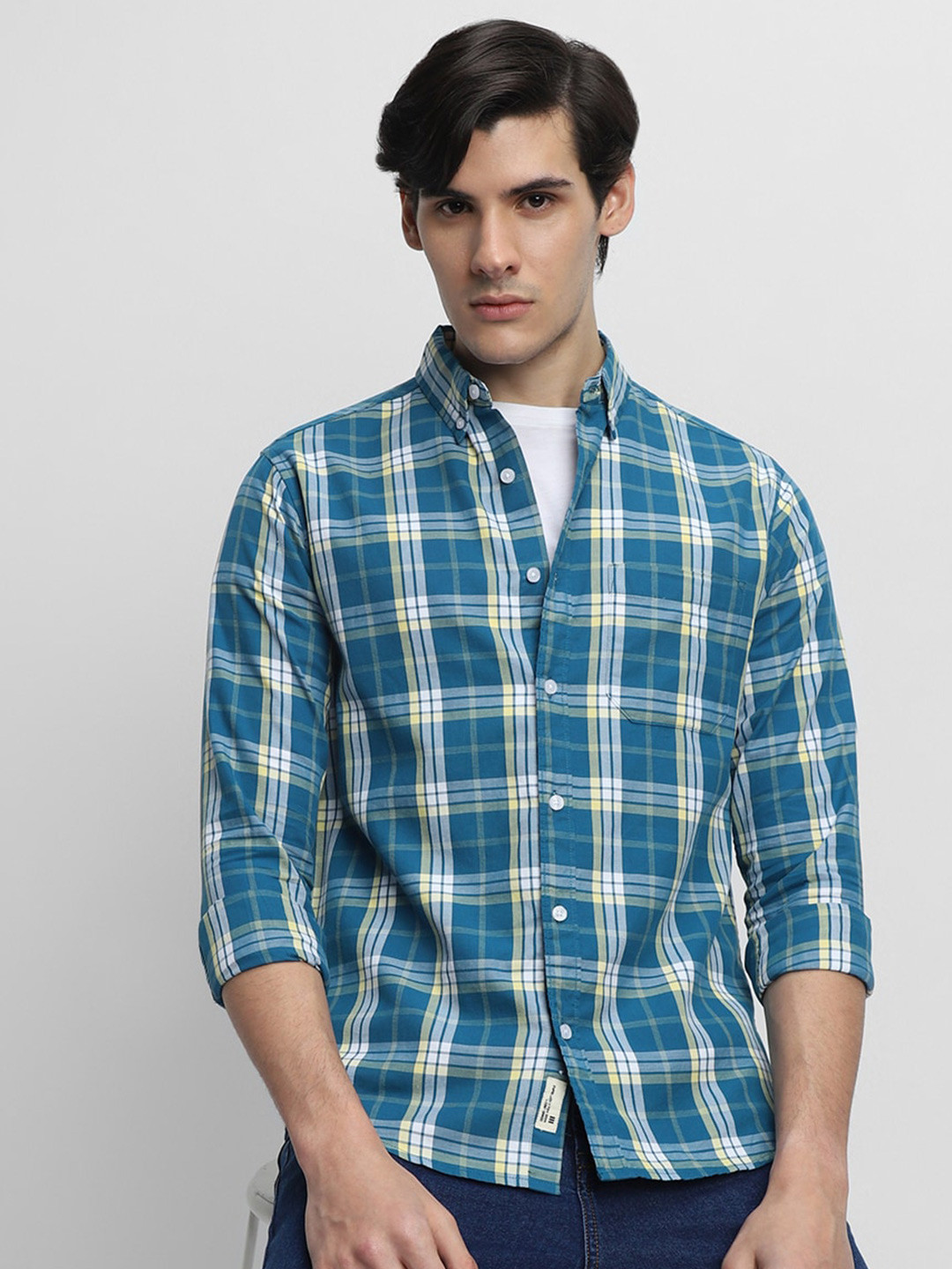 Dennis Lingo Button-Down Collar Slim Fit Tartan Checks Opaque Cotton Casual Shirt