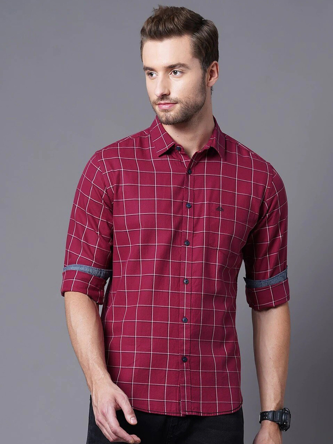 British Club Smart Slim Fit Grid Tattersall Checks Pure Cotton Casual Shirt