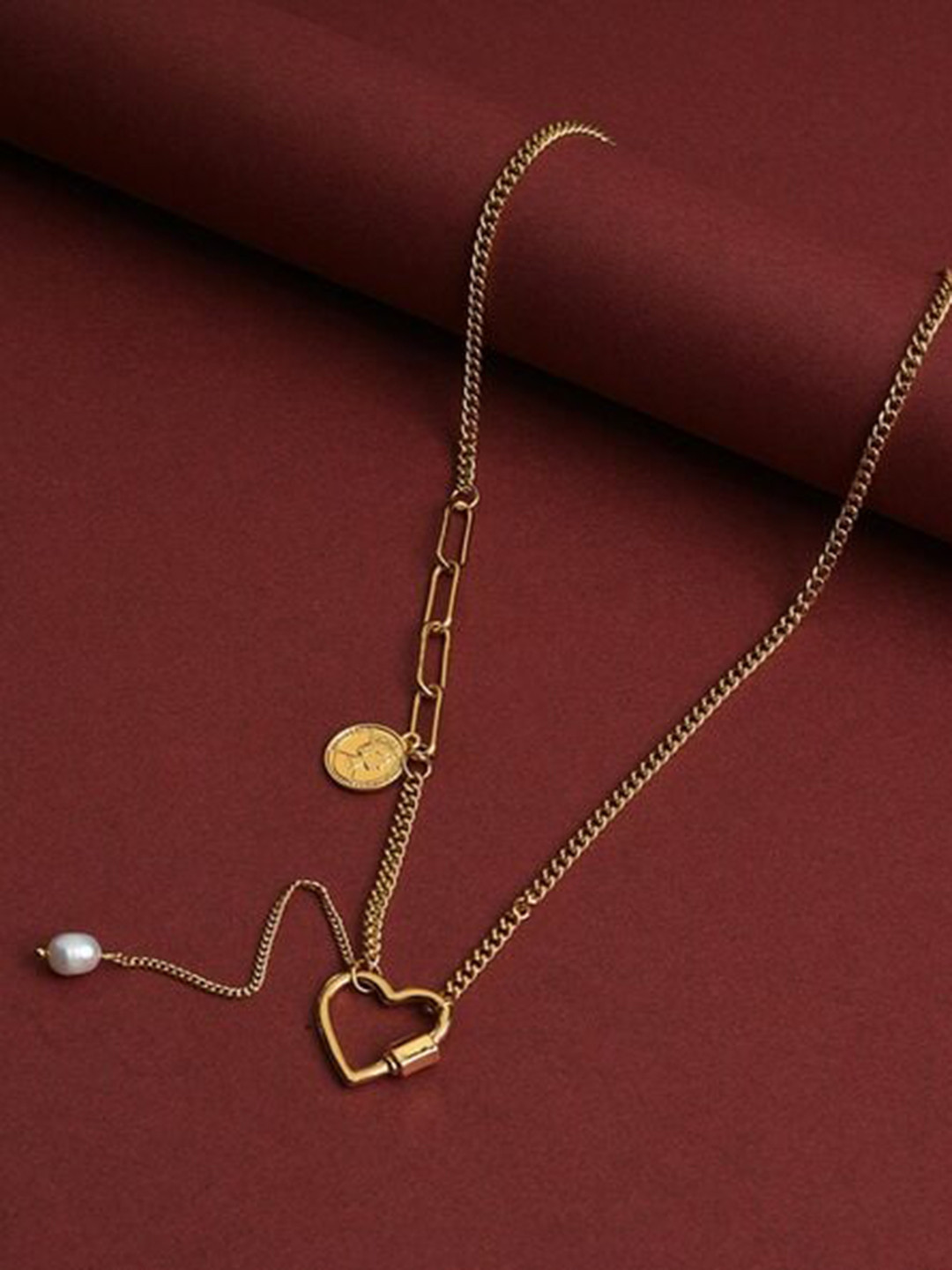 FIMBUL Gold-Plated Heart Shaped Pearl Pendant Chain