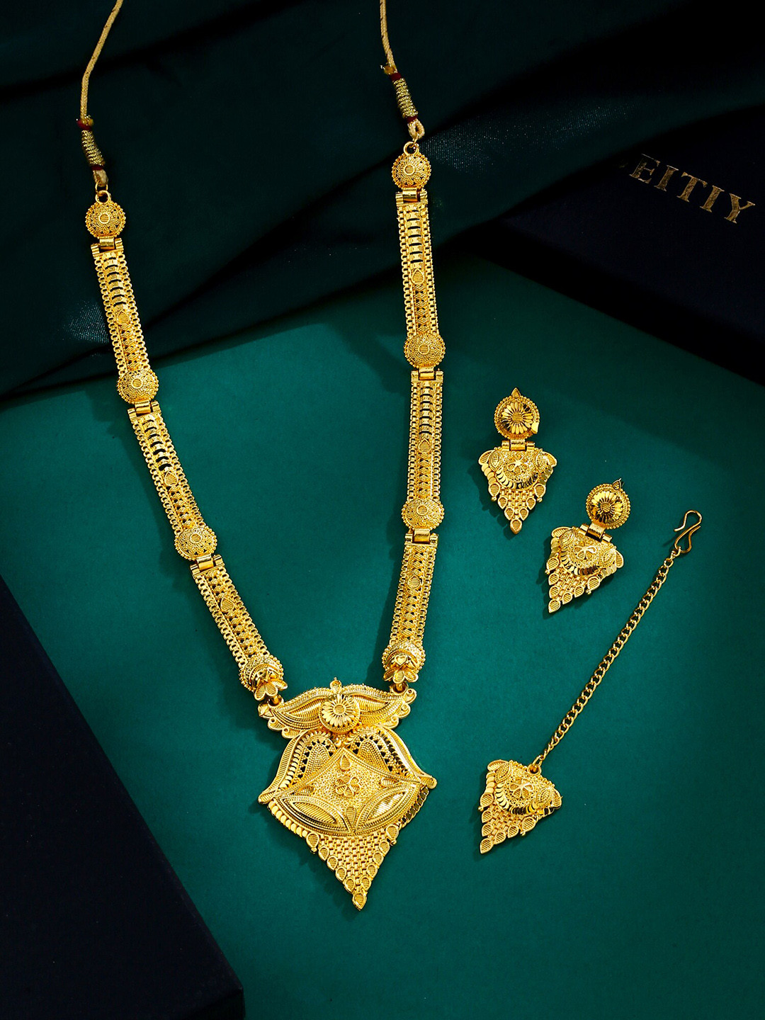 Yellow Chimes Gold-Plated Long Jewellery Set with Maangtikka