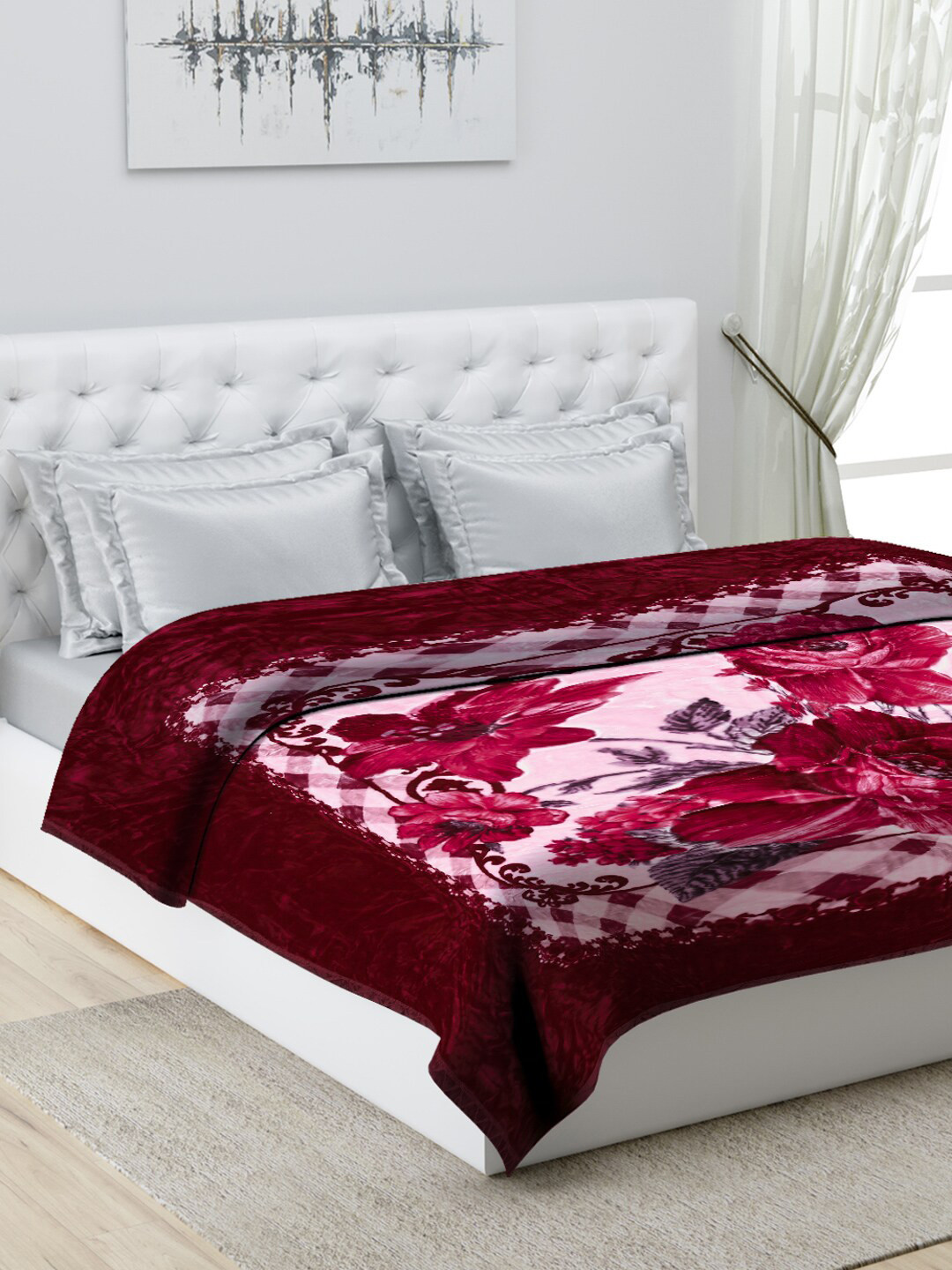 Monte Carlo Maroon & Pink Floral Heavy Winter 450 GSM Double Bed Blanket