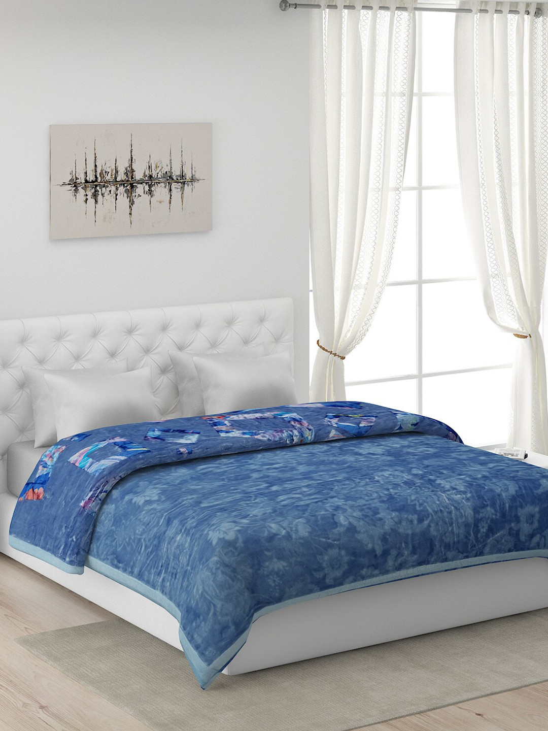 Monte Carlo Blue Geometric 4900 GSM Heavy Winter Double Bed Blanket