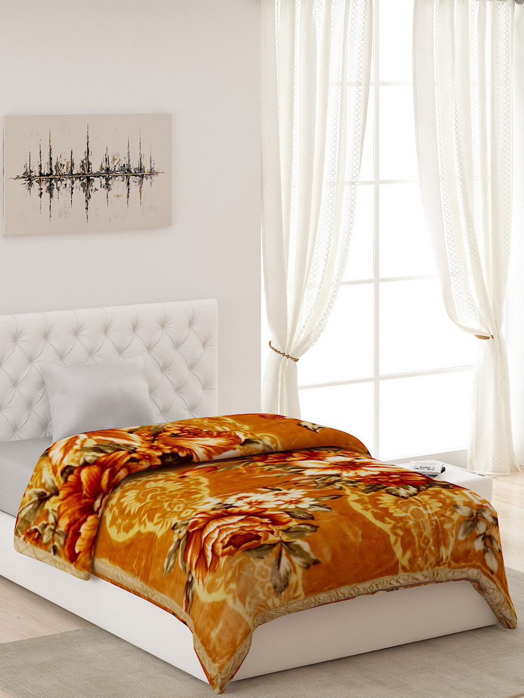 Monte Carlo Yellow Floral Printed 850 GSM Heavy Winter Single Bed Blanket