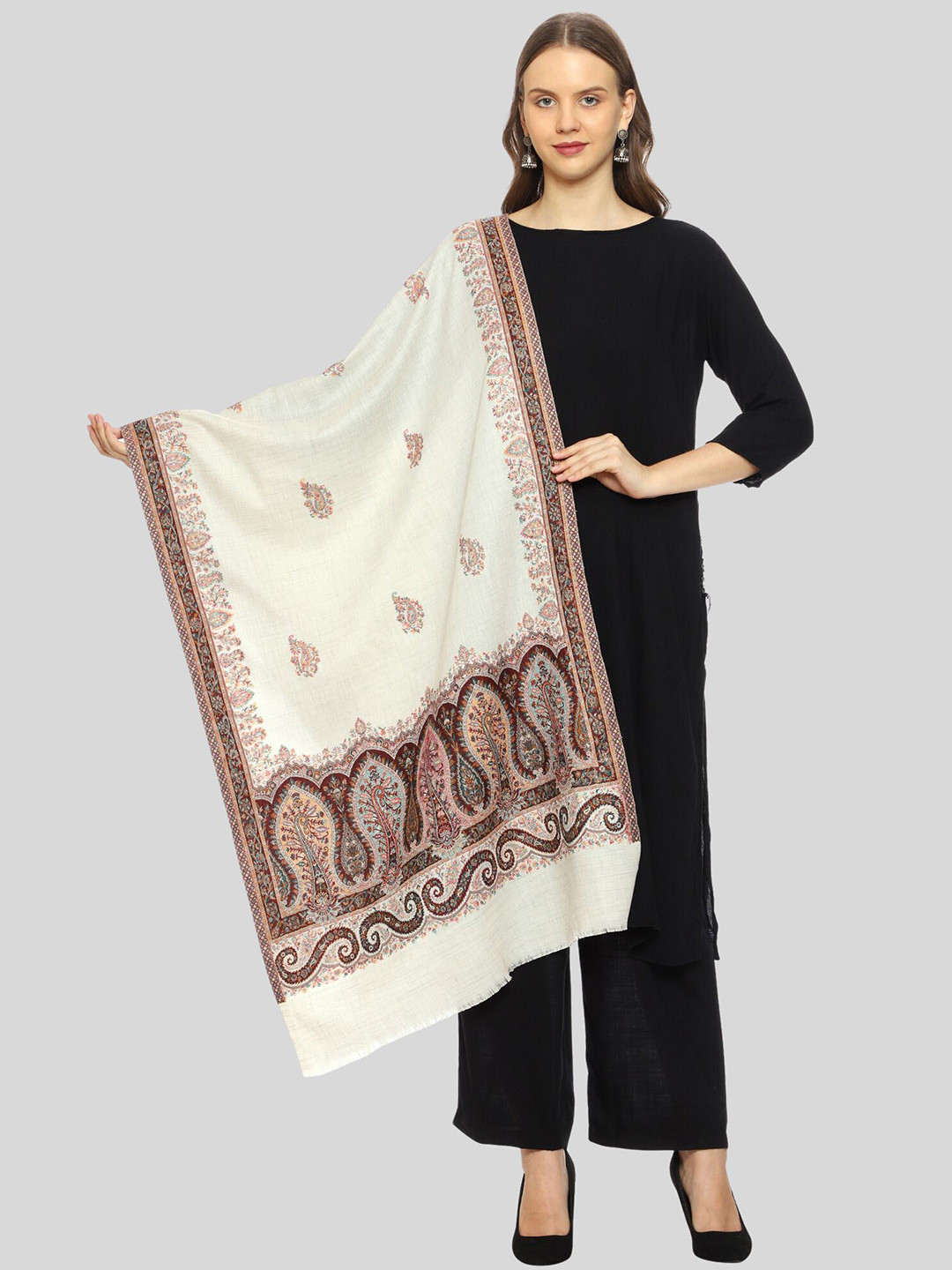 SWI Stylish Women White Woven Design Shawl