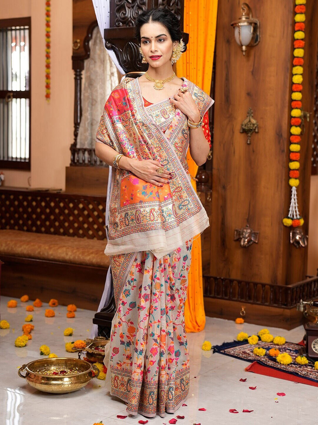 KALINI Ethic Motifs Printed Zari Pashmina Banarasi Saree
