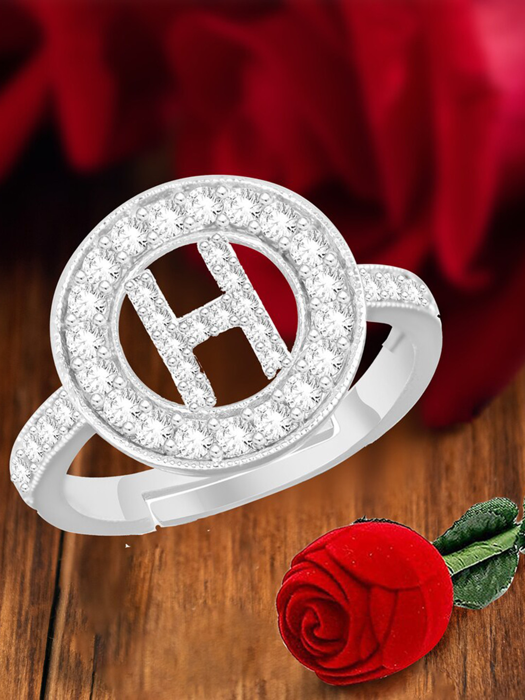 MEENAZ Silver-Plated H Alphabet CZ-Studded Ring