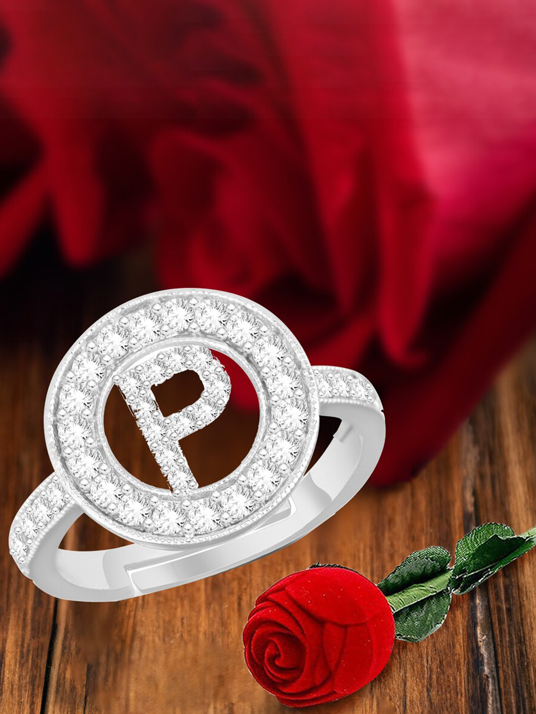 MEENAZ Silver-Plated P Alphabet CZ-Studded Ring