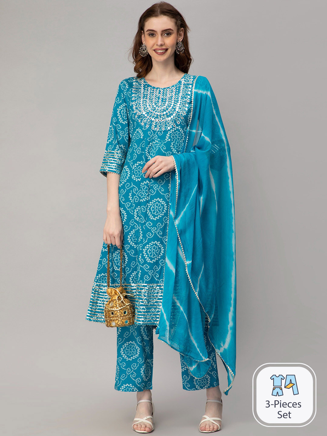 CELEBRAVO Bandhani Printed Anarkali Kurta With Trousers & Dupatta