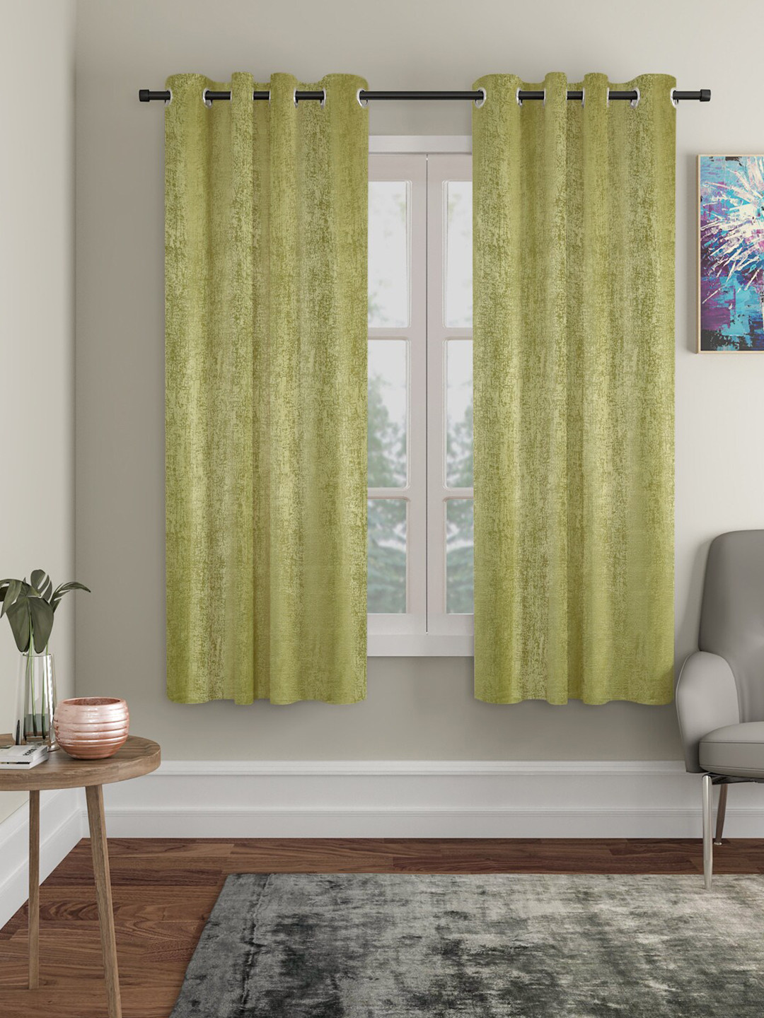 SOKNACK Olive Green Textured 2 Pieces Black Out Window Curtains