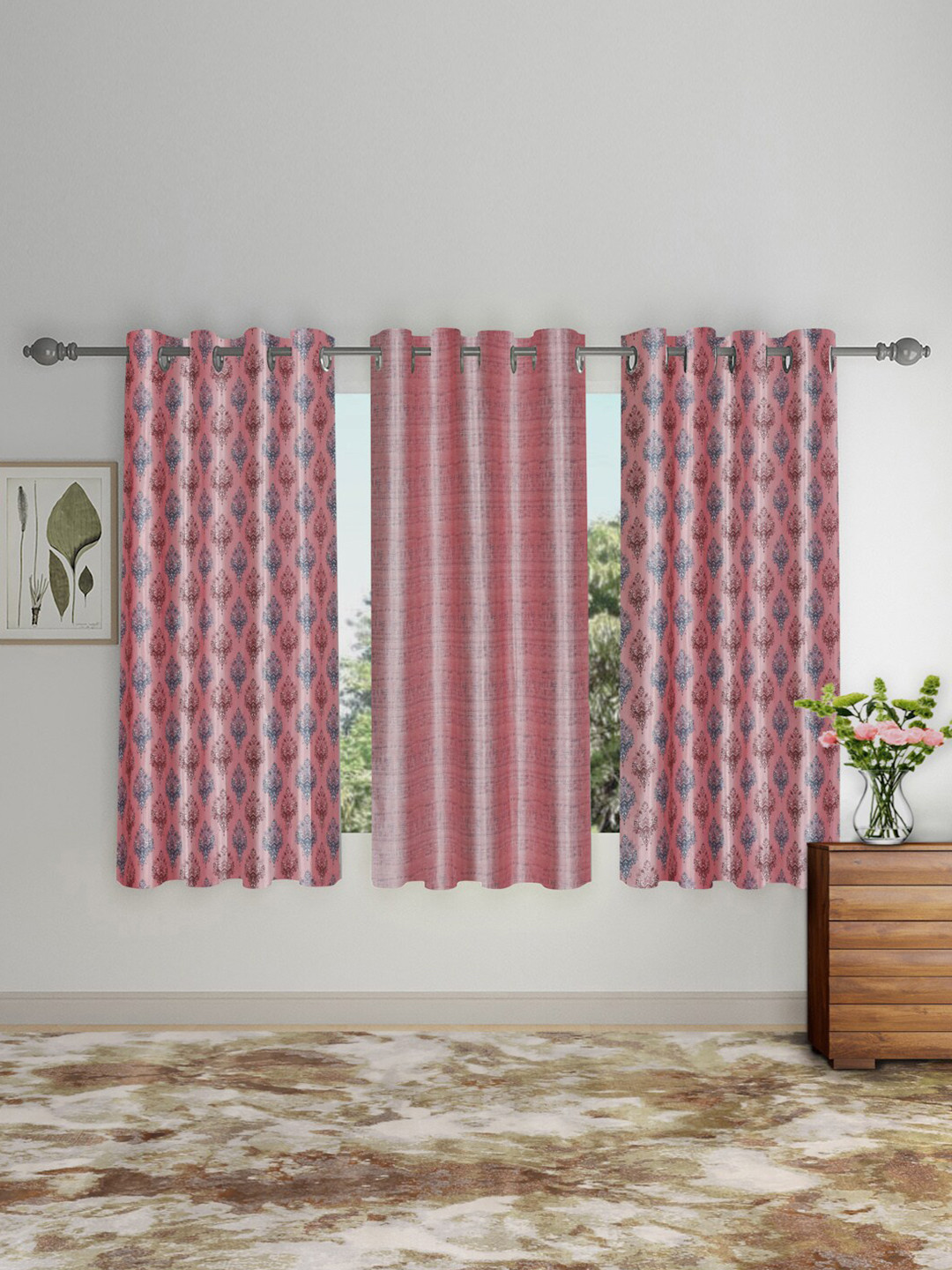 SOKNACK Pink & Blue 3 Pieces Ethnic Motifs Black Out Window Curtains